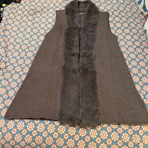 RARE FIND-Neiman Marcus Taupe Rabbit Fur Trim Cardigan Sweater Vest - size Large